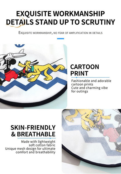 Lightweight summer pet shirt displayed on mannequin showcasing beach-themed cartoon artwork