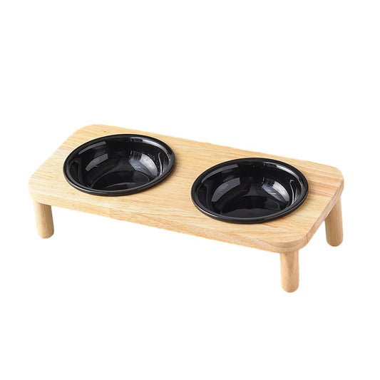Wood Stand Double Pet Bowl - Black