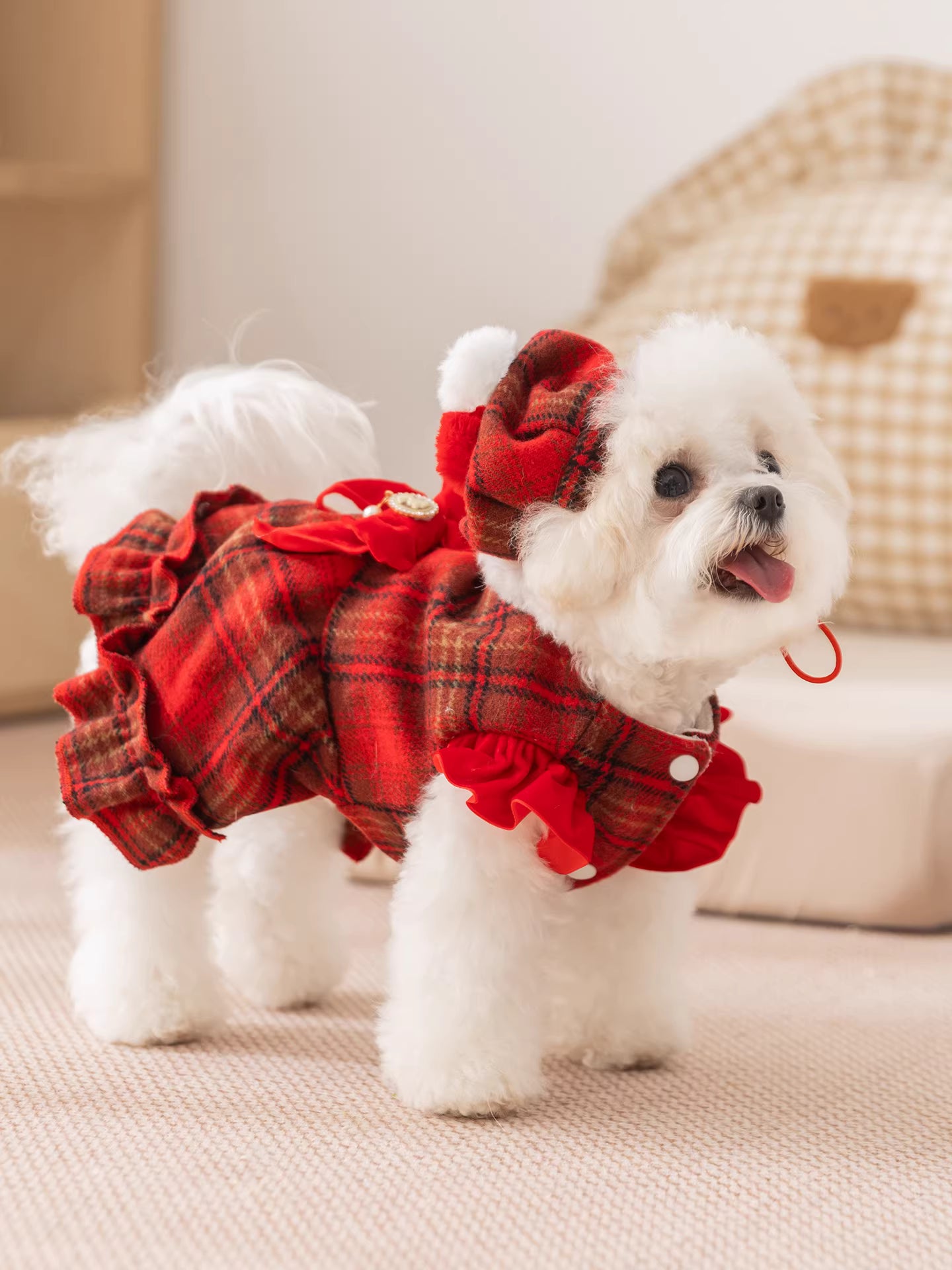 Dog Dress with Hat Warm Red Plaid