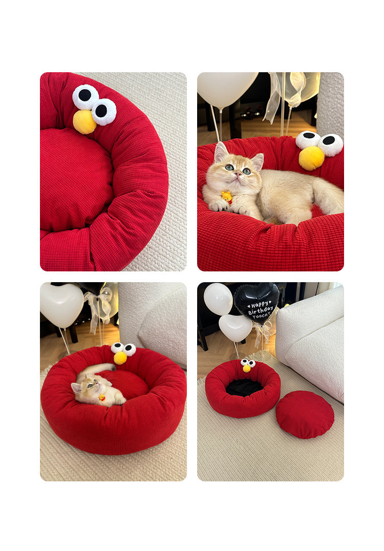 Monster Face Round Bolster Cat Bed - red bed feature and resting collage - image 5