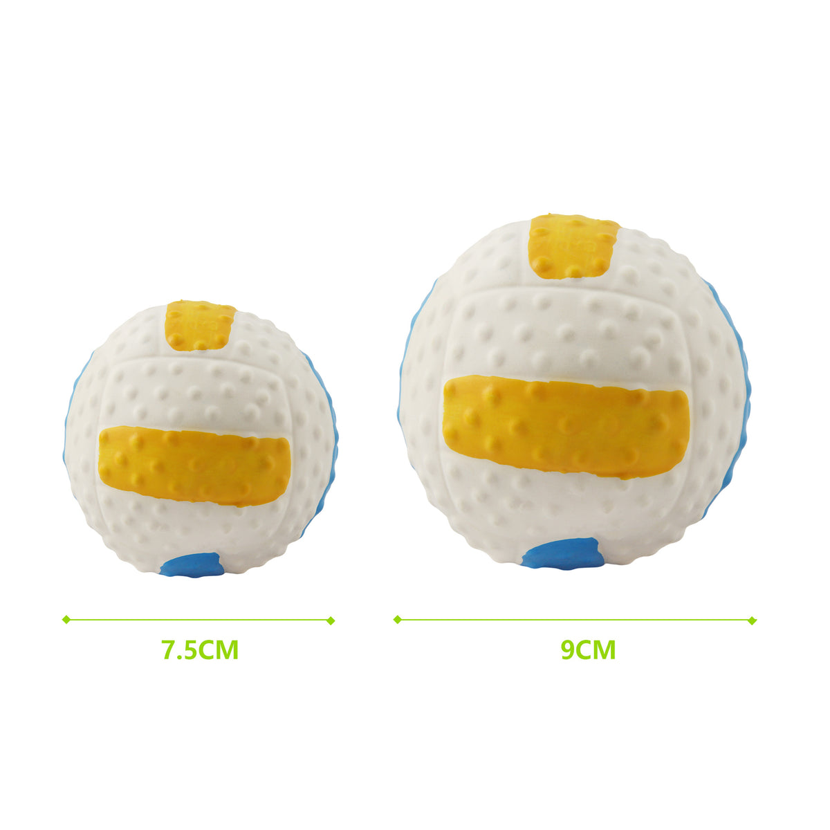 White latex volleyball pet toy in S 7.5 cm and L 9 cm sizes