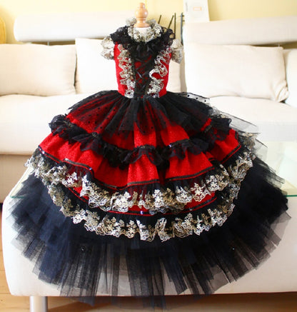 Victorian-Inspired Red and Black Lace Dog Trailing Dress Gothic Pet Gown Clinoline