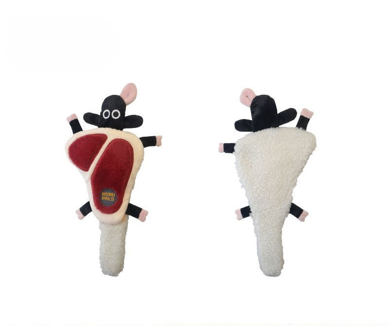 Lamb chop snuffle plush pet toy shown from front and back