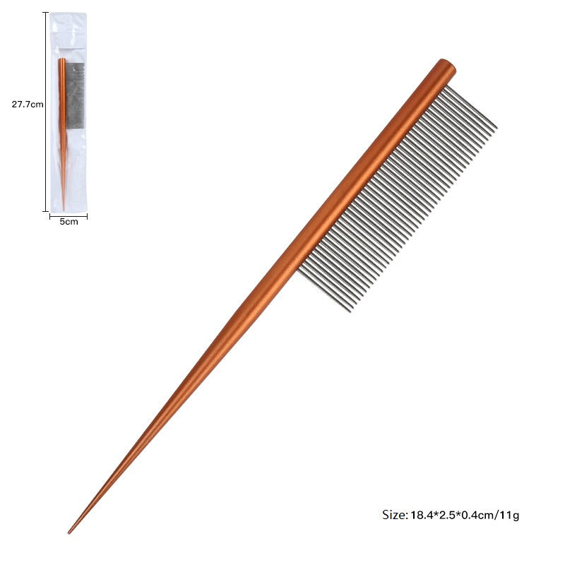Orange dual teeth pet grooming comb with stainless steel teeth and size details
