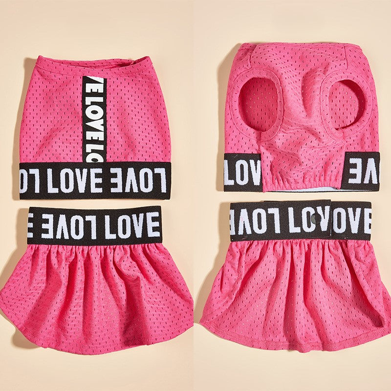 Front and back views of the rose pink mesh dog dress top and ruffle skirt