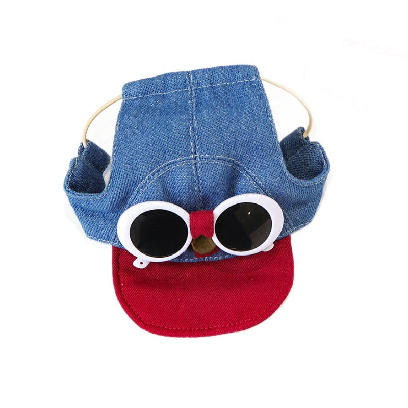 Denim Pet Cap · Red Brim & Goggles