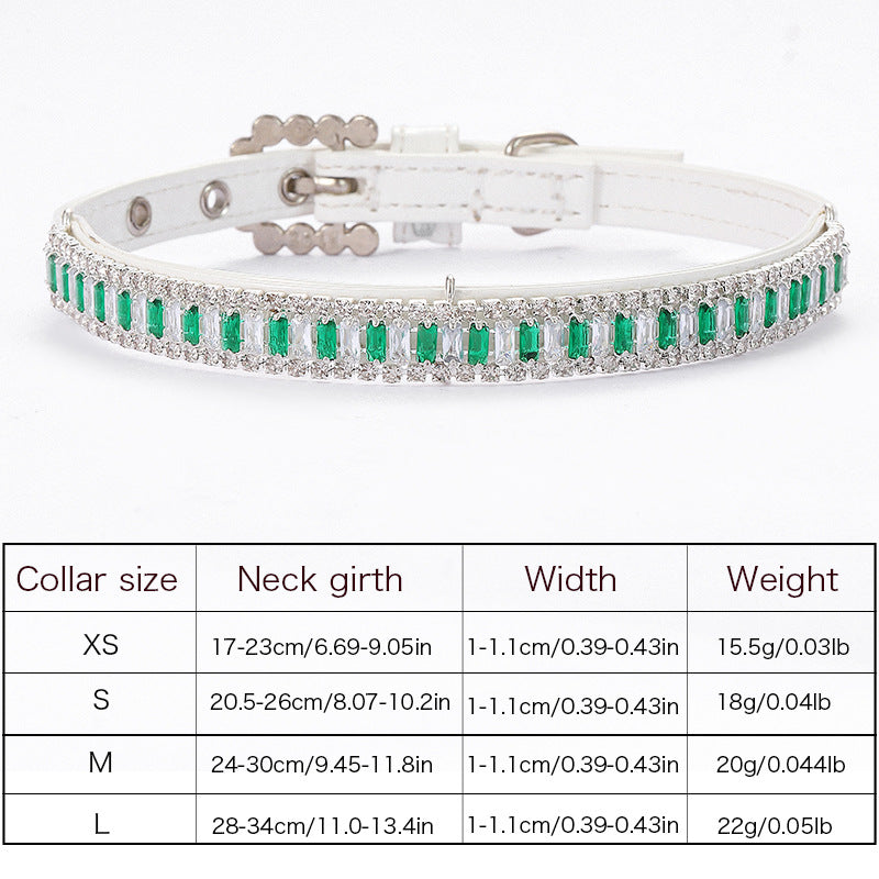 Designer white leather pet collar featuring emerald cut green crystals and sparkling rhinestones