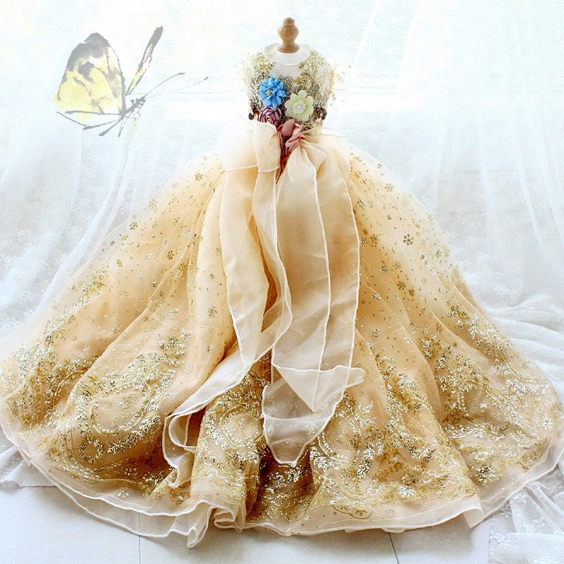 Handmade Luxurious Dog Gown Gold Glitter Pet Princess Trailing Dress Gold Glitter For Weddings Parties