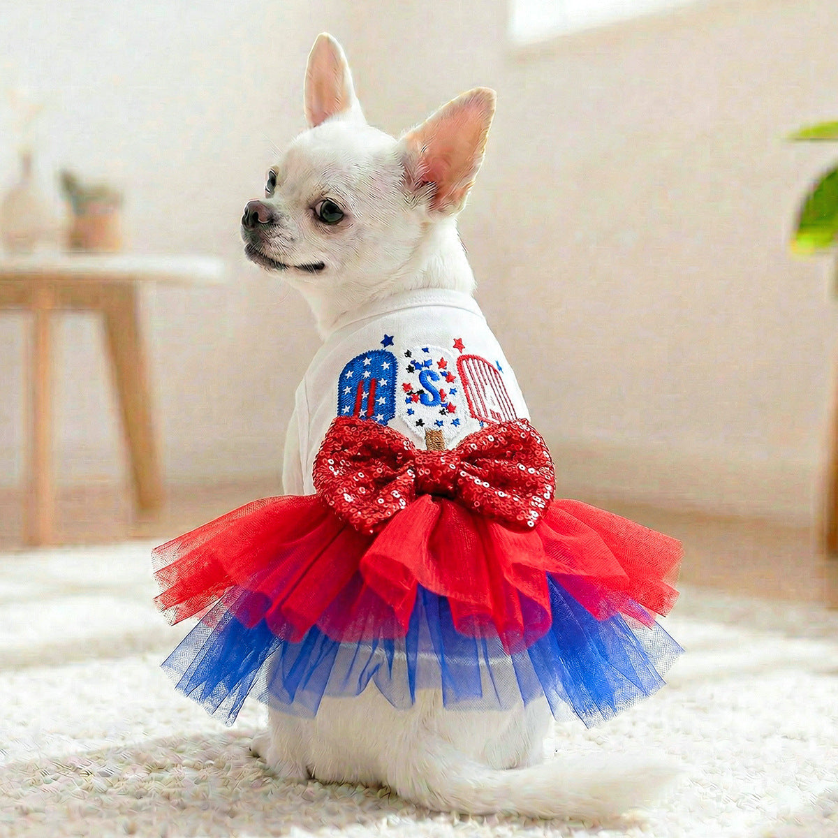 Red white blue 4th of July dog dress for small dogs