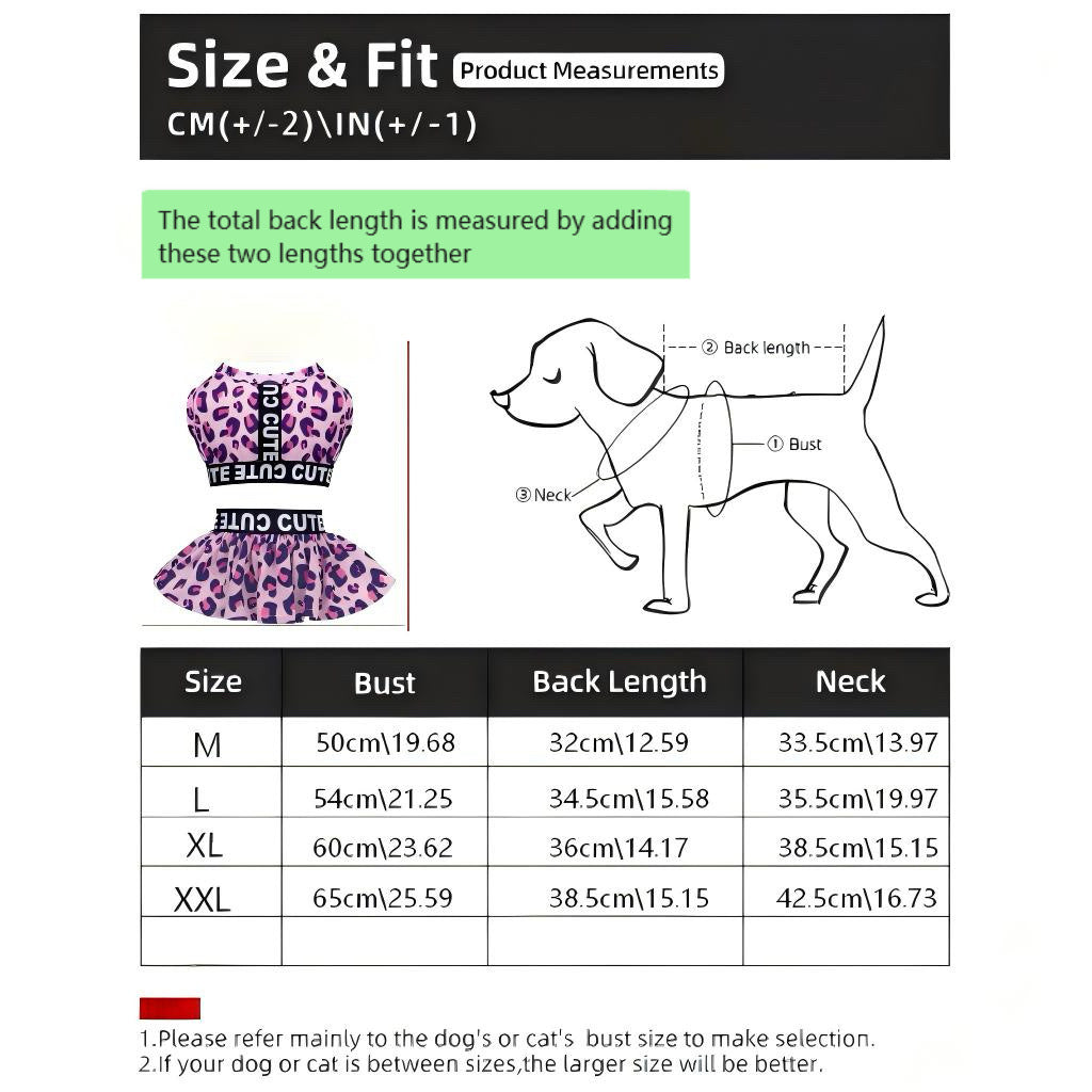 Size and fit chart for the pink leopard 2-piece dog dress set
