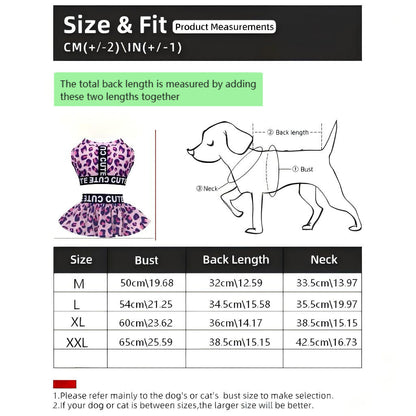 Size and fit chart for the pink leopard 2-piece dog dress set