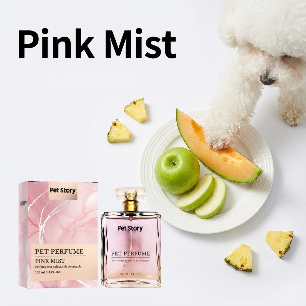 Pink Mist pet perfume spray with 100 ml pink bottle, box, fruit accents, and small dog