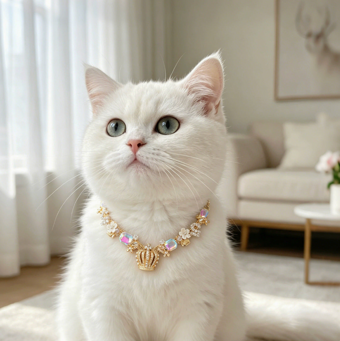 Gold crown pet necklace on white cat for supervised dog and cat dress-up photos