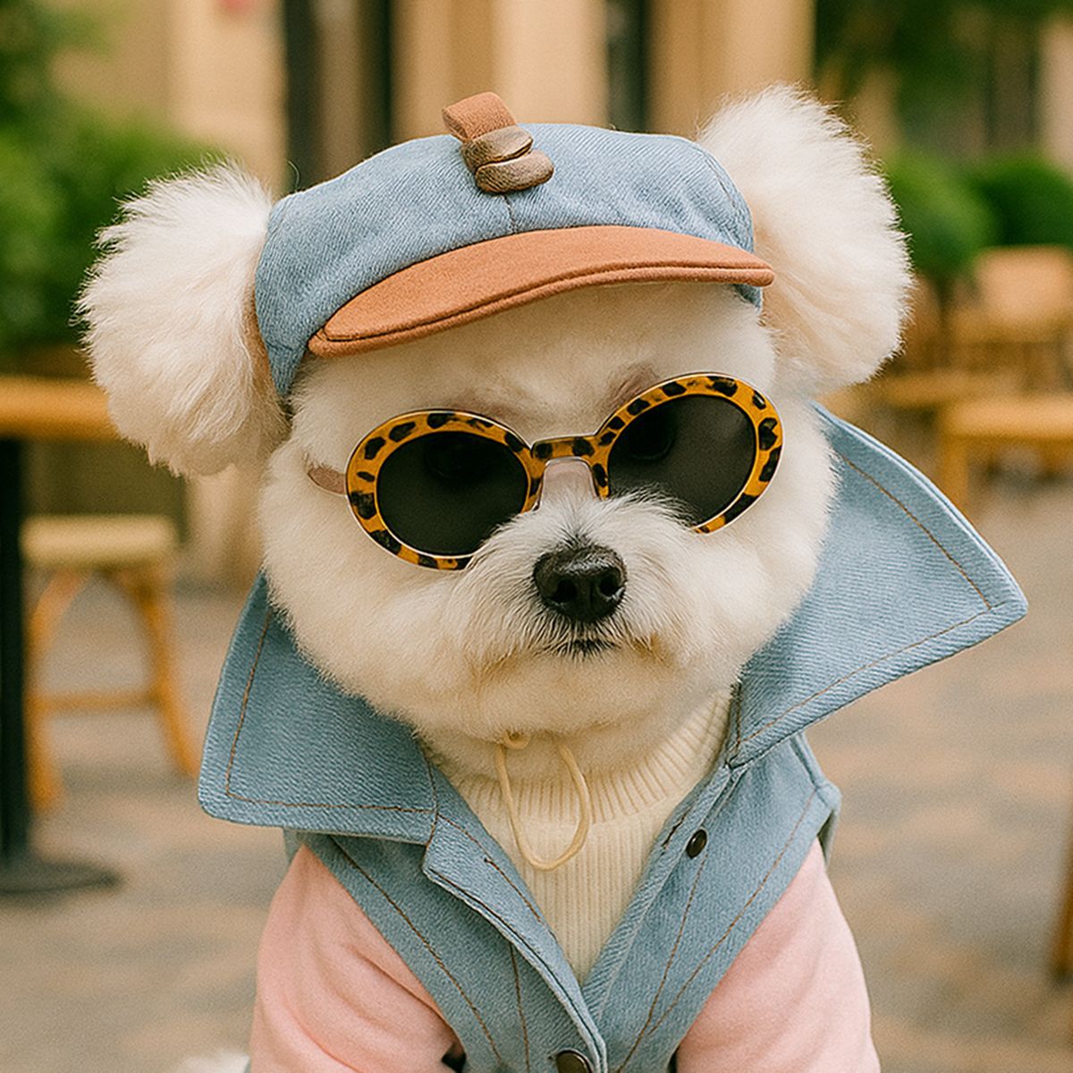 Denim Pet Cap with Red Brim and Sunglasses