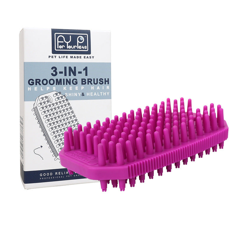 Purple 3-in-1 silicone pet grooming brush with white product box