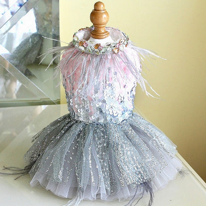 Handmade Glamorous Sequin Feather Pet Clothing Elegant Sparkling Dog Princess Dress