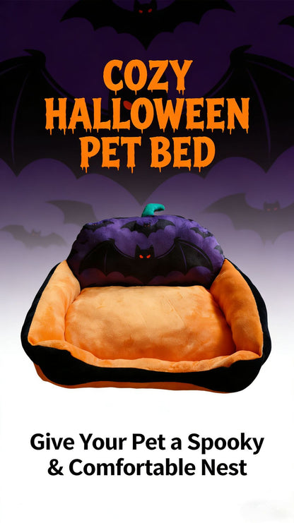 Halloween pet bed promotional image showing pumpkin sofa design and bat artwork