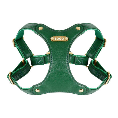 Luxury Leather Dog Harness & Leash Set – Brown/Green