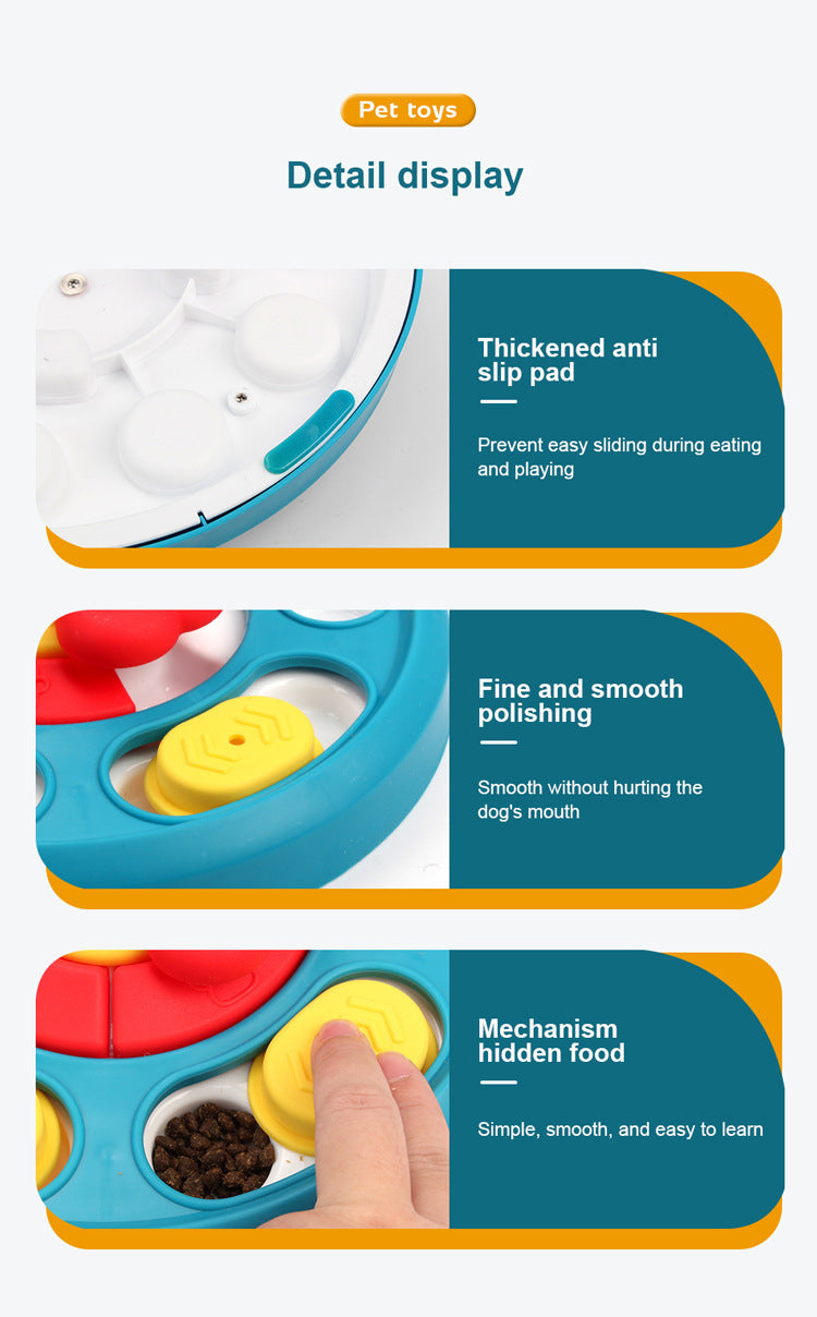Detail views of dog puzzle feeder anti slip pad and hidden food slider