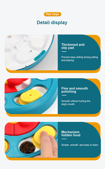 Detail views of dog puzzle feeder anti slip pad and hidden food slider