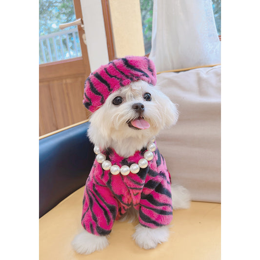 Pet Faux Fur Coat Plush Outfit with Hat Zebra Print