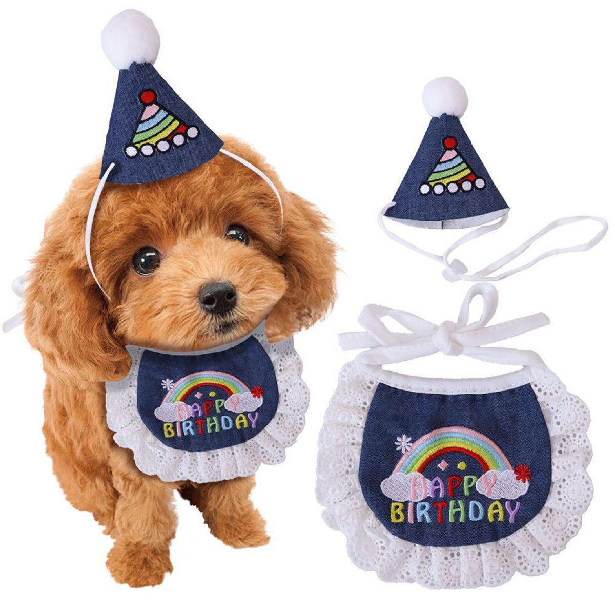 Rainbow Denim Pet Birthday Hat and Bib Set
