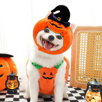 Dog Pumpkin Costume with Plush Hood & Elastic Fit+Hat Set