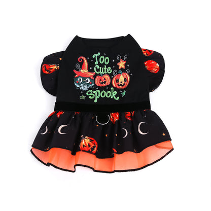 Front view of black and orange Halloween pet dress with pumpkin sleeves and layered skirt