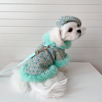 Dog cape green tweed +hat+leash sets