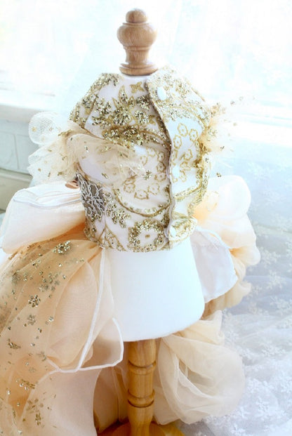 Handmade Luxurious Dog Gown Gold Glitter Pet Princess Trailing Dress Gold Glitter For Weddings Parties