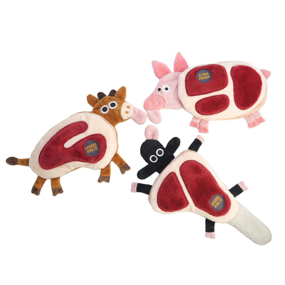 Beef steak pork chop and lamb chop plush pet toy style comparison