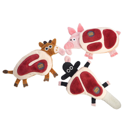 Beef steak pork chop and lamb chop plush pet toy style comparison