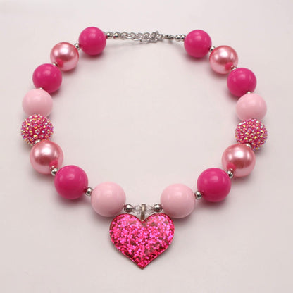 Pink acrylic beaded pet necklace with large glitter heart pendant