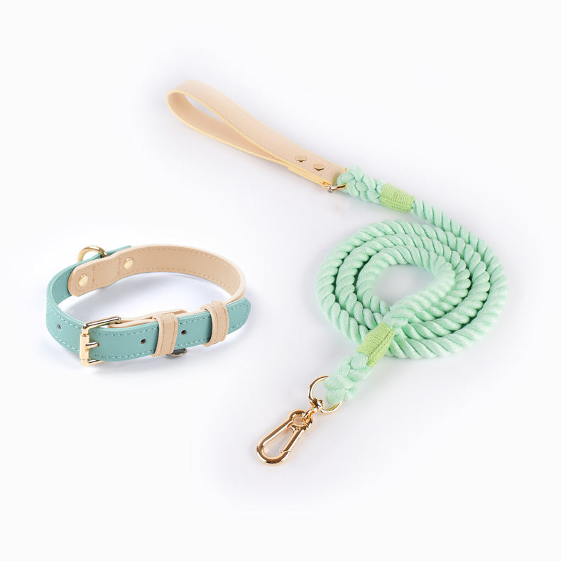 Luxury Pastel Dog Collar and Rope Leash Set – Adjustable Leather Pet Collar with Soft Cotton Lead for Small & Medium Dogs