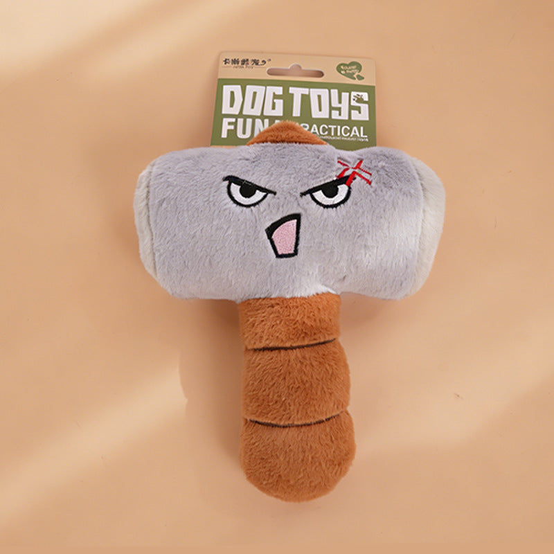 Gray and brown plush hammer pet toy with angry embroidered expression