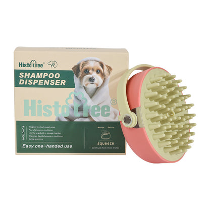 Pink Green pet shampoo dispenser bath brush showing thicker silicone bristles and box
