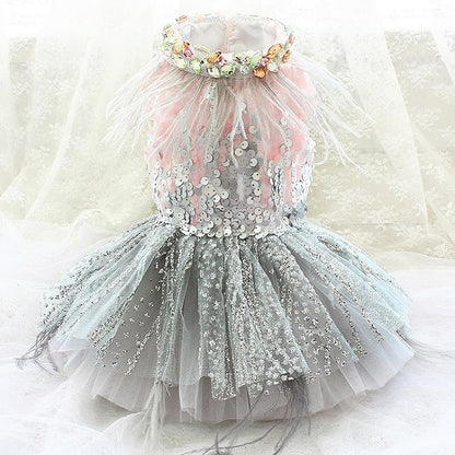 Handmade Glamorous Sequin Feather Pet Clothing Elegant Sparkling Dog Princess Dress