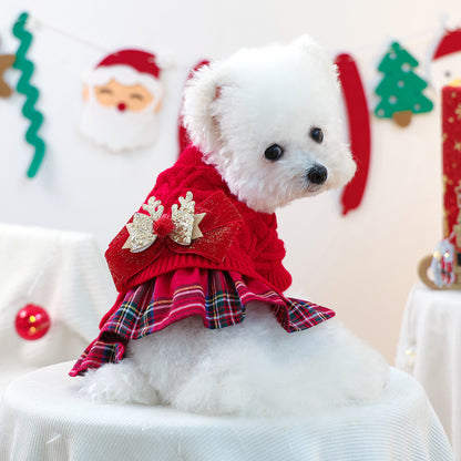 Christmas Sweater Knit Bow Dress for Dogs & Cats – Red Plaid