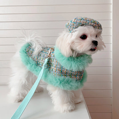 Dog cape green tweed +hat+leash sets