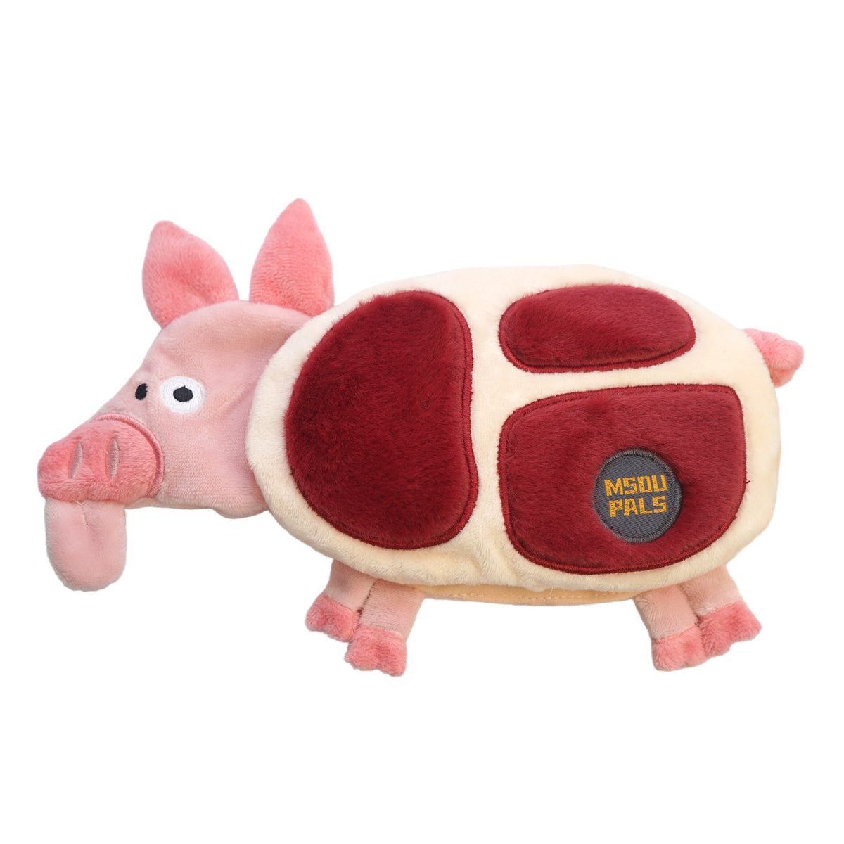 Pink pork chop animal snuffle plush pet toy on white background