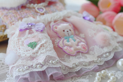 Handmade Teddy Puppy Dress Pink Lace Tweed Skirt