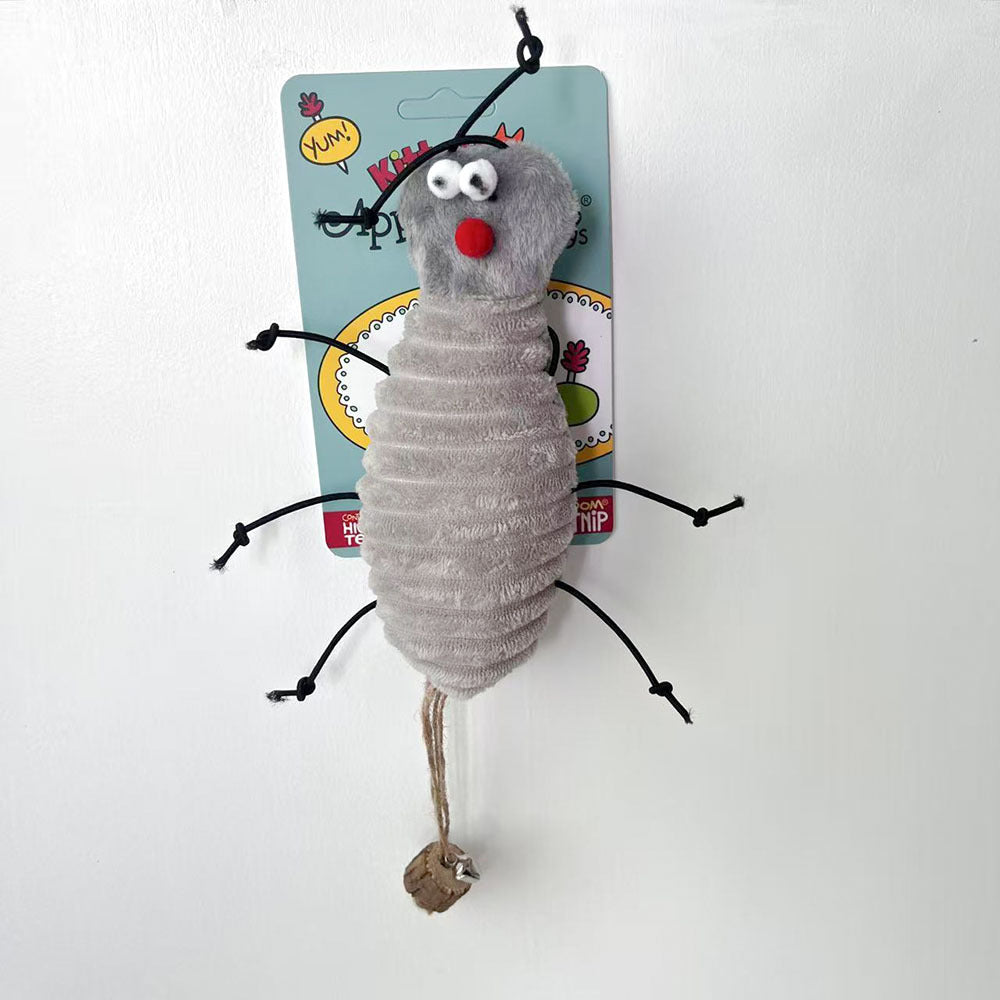 Gray bug-shaped Kitty Hoots catnip cat toy with dangling legs and bell