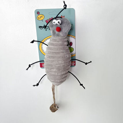 Gray bug-shaped Kitty Hoots catnip cat toy with dangling legs and bell