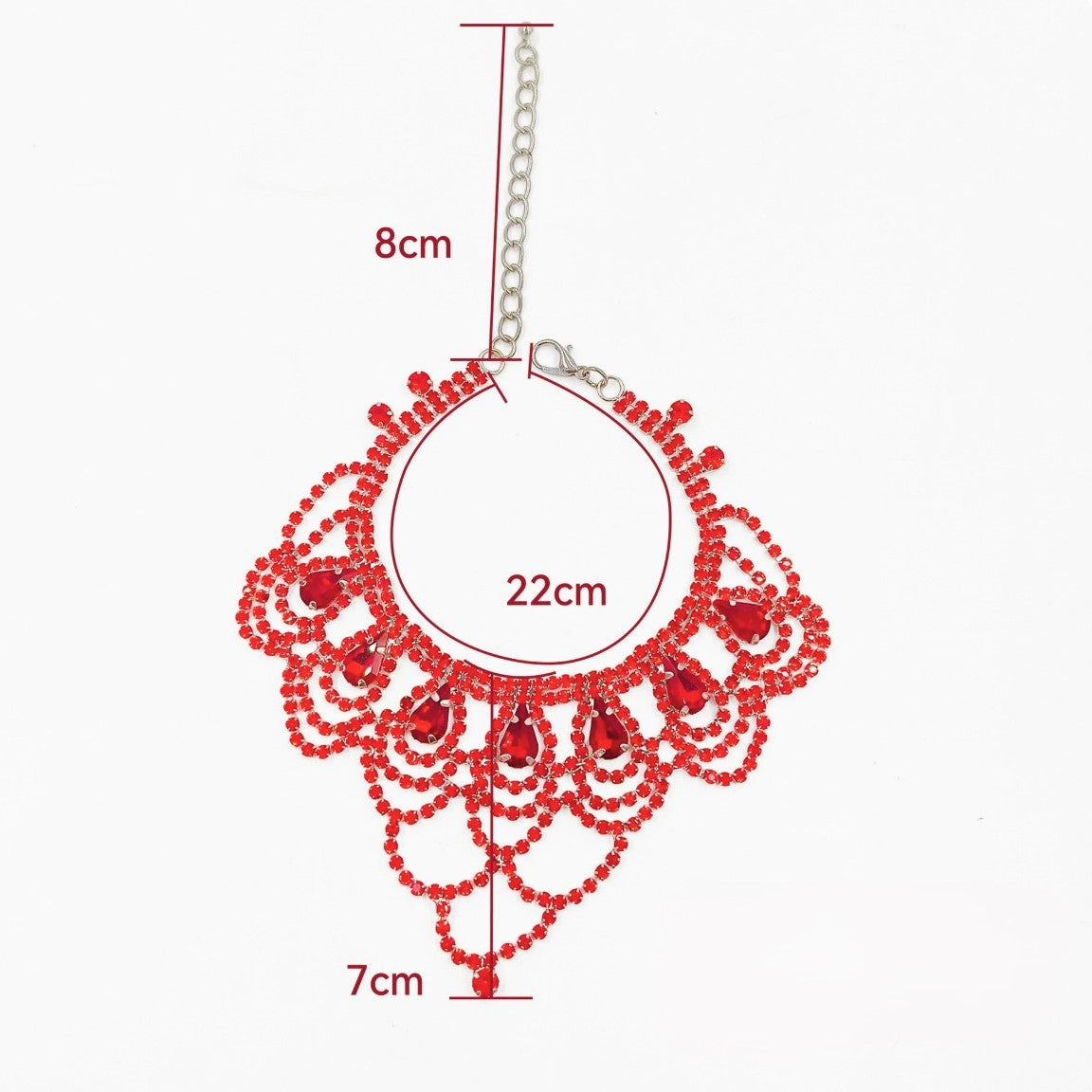 Red pet necklace size image showing 22 cm necklace length, 8 cm extender chain, and 7 cm drop