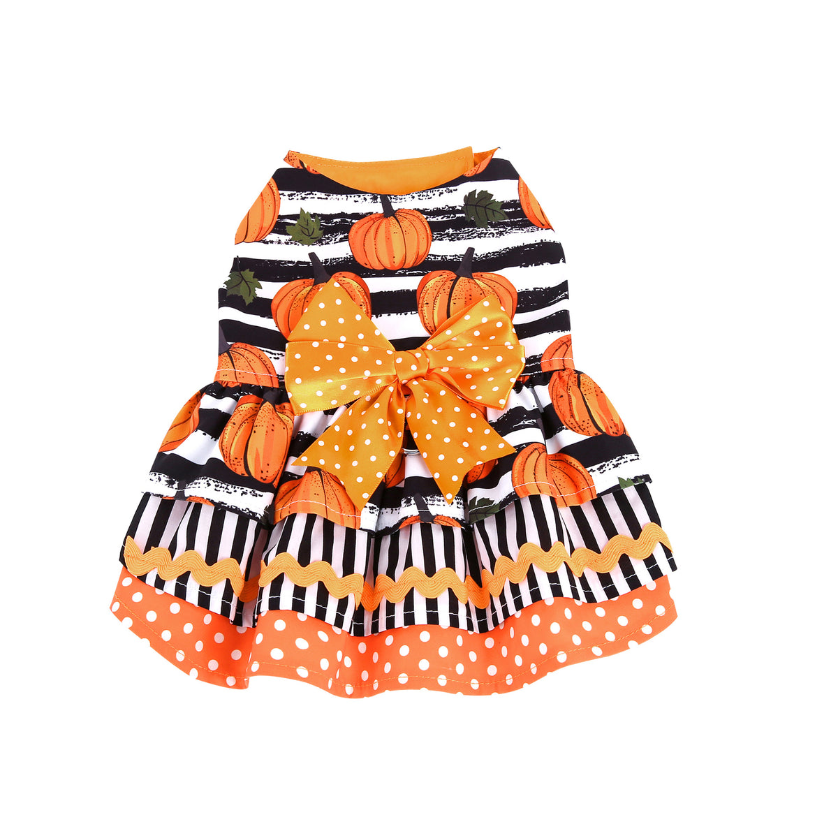 Pumpkin Bow Halloween pet dress with orange polka dot bow and layered striped ruffle skirt