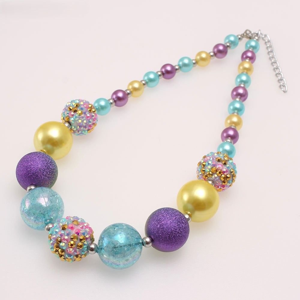 Aqua gold purple beaded pet necklace with pearl-look crackle-look and glitter beads
