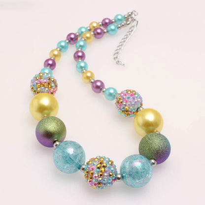Front view of aqua gold purple chunky bead dog necklace with extender chain