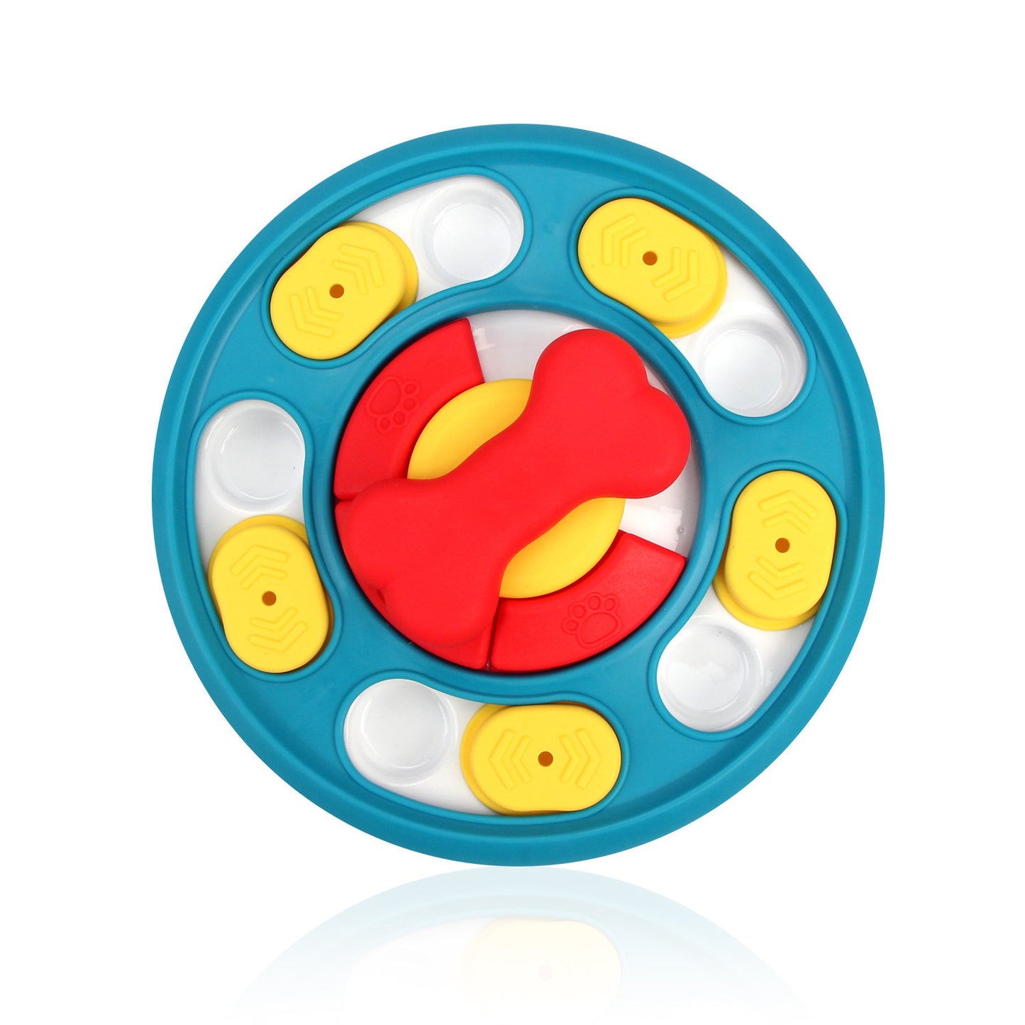 Blue bone dog puzzle feeder toy with yellow sliders and red center pieces