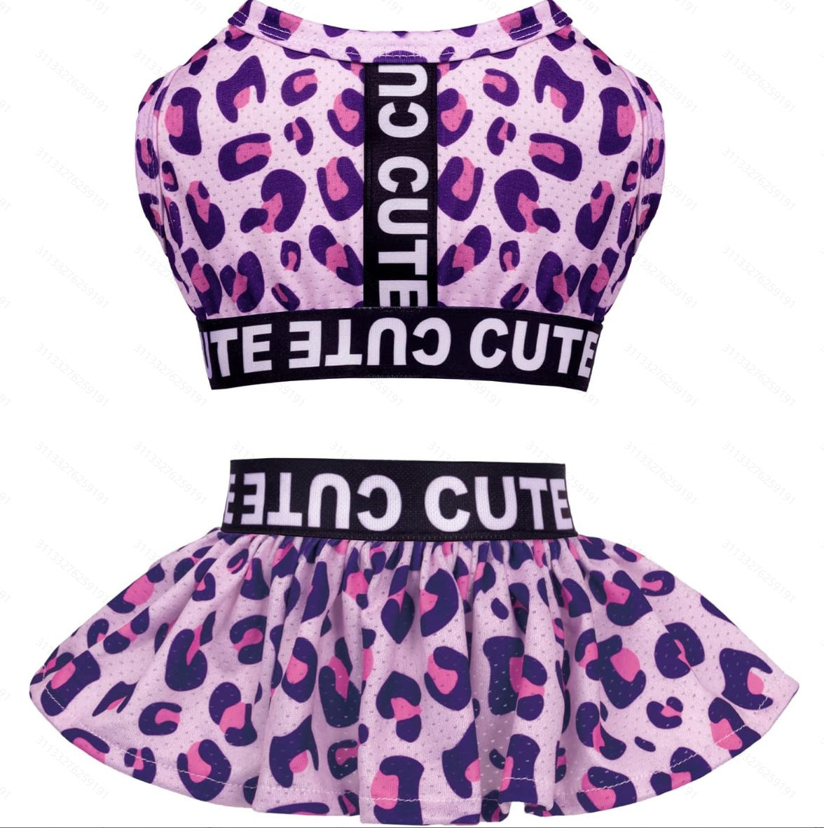 Flat lay of the pink leopard top and ruffle skirt dog dress set