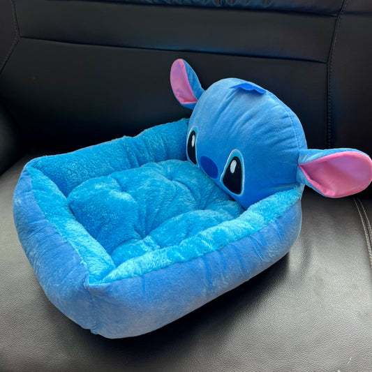 Blue Disney Stitch plush bolster pet bed with character head backrest